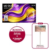 Vooraanzicht van LG OLED evo AI G5 4K Smart TV. 12 jaar nummer 1 OLED-embleem ter wereld en het LG OLED evo AI 2025-logo staan ​​op het scherm.