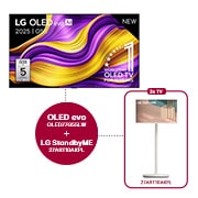 Vooraanzicht van LG OLED evo AI G5 4K Smart TV. 12 jaar nummer 1 OLED-embleem ter wereld en het LG OLED evo AI 2025-logo staan ​​op het scherm.
