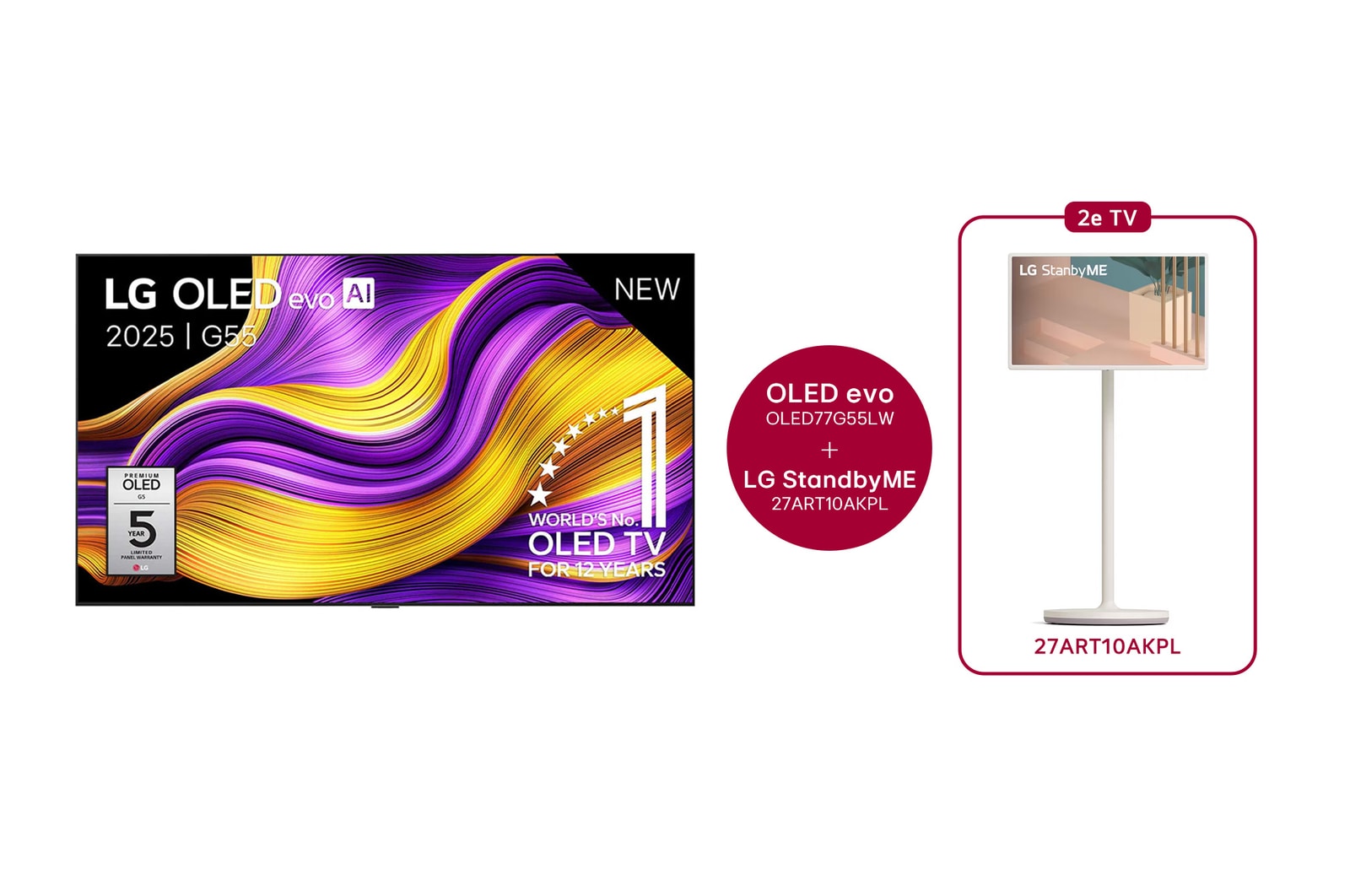 Vooraanzicht van LG OLED evo AI G5 4K Smart TV. 12 jaar nummer 1 OLED-embleem ter wereld en het LG OLED evo AI 2025-logo staan ​​op het scherm.