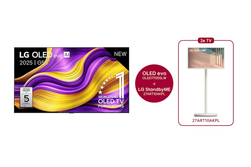 Vooraanzicht van 77 inch LG OLED evo AI G5 4K Smart TV + 27 inch LG StanbyME Rollable Smart TV  OLED77G55LW.27ART10
