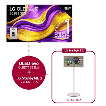 Vooraanzicht van 77 inch LG OLED evo AI G5 4K Smart TV 2025 & 27 inch LG StanbyME 2 OLED77G55LW.27LX6