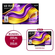Vooraanzicht van LG OLED evo AI G5 4K Smart TV. 12 jaar nummer 1 OLED-embleem ter wereld en het LG OLED evo AI 2025-logo staan ​​op het scherm.