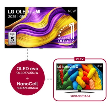 Vooraanzicht van LG OLED evo AI G5 4K Smart TV. 12 jaar nummer 1 OLED-embleem ter wereld en het LG OLED evo AI 2025-logo staan ​​op het scherm.