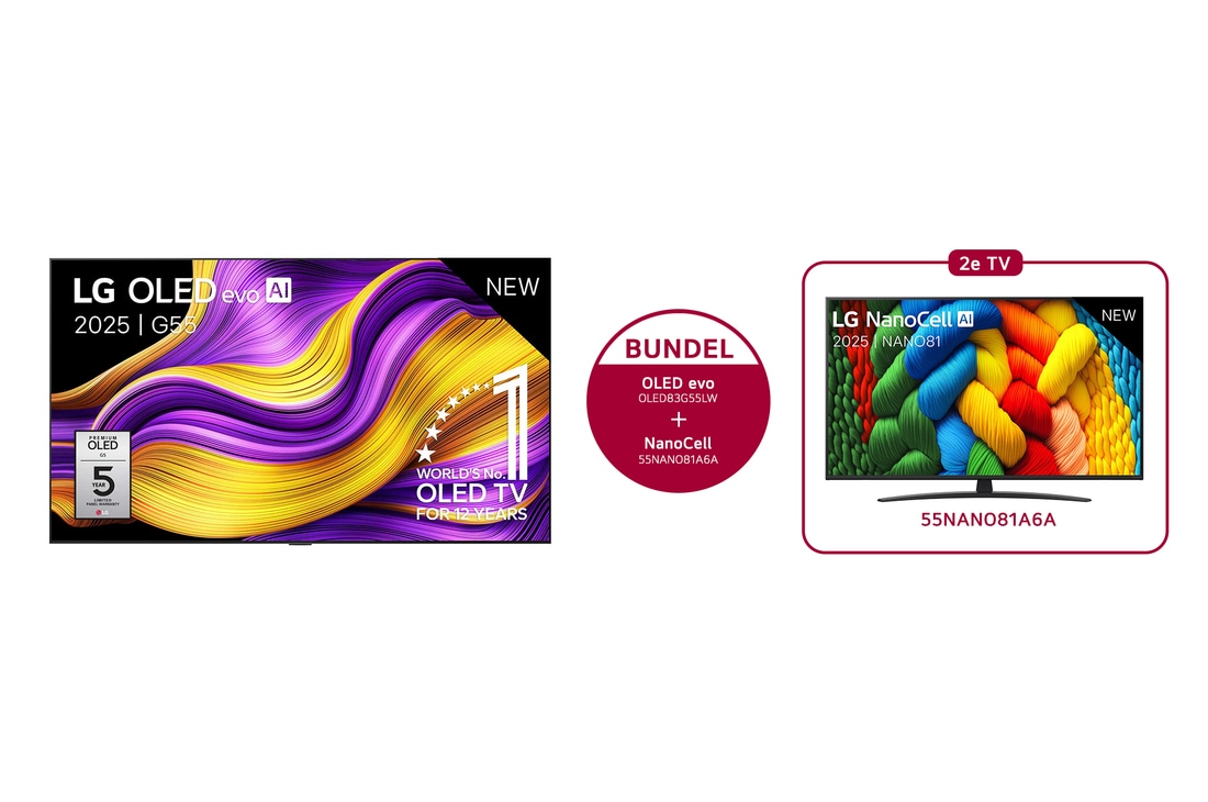 LG 77 inch LG OLED evo AI G5 4K Smart TV + 50 inch LG NanoCell AI NANO81 4K Smart TV, OLED77G55LW.50NANO