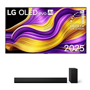 Vooraanzicht van LG OLED evo AI G5 4K Smart TV. 12 jaar nummer 1 OLED-embleem ter wereld en het LG OLED evo AI 2025-logo staan ​​op het scherm.