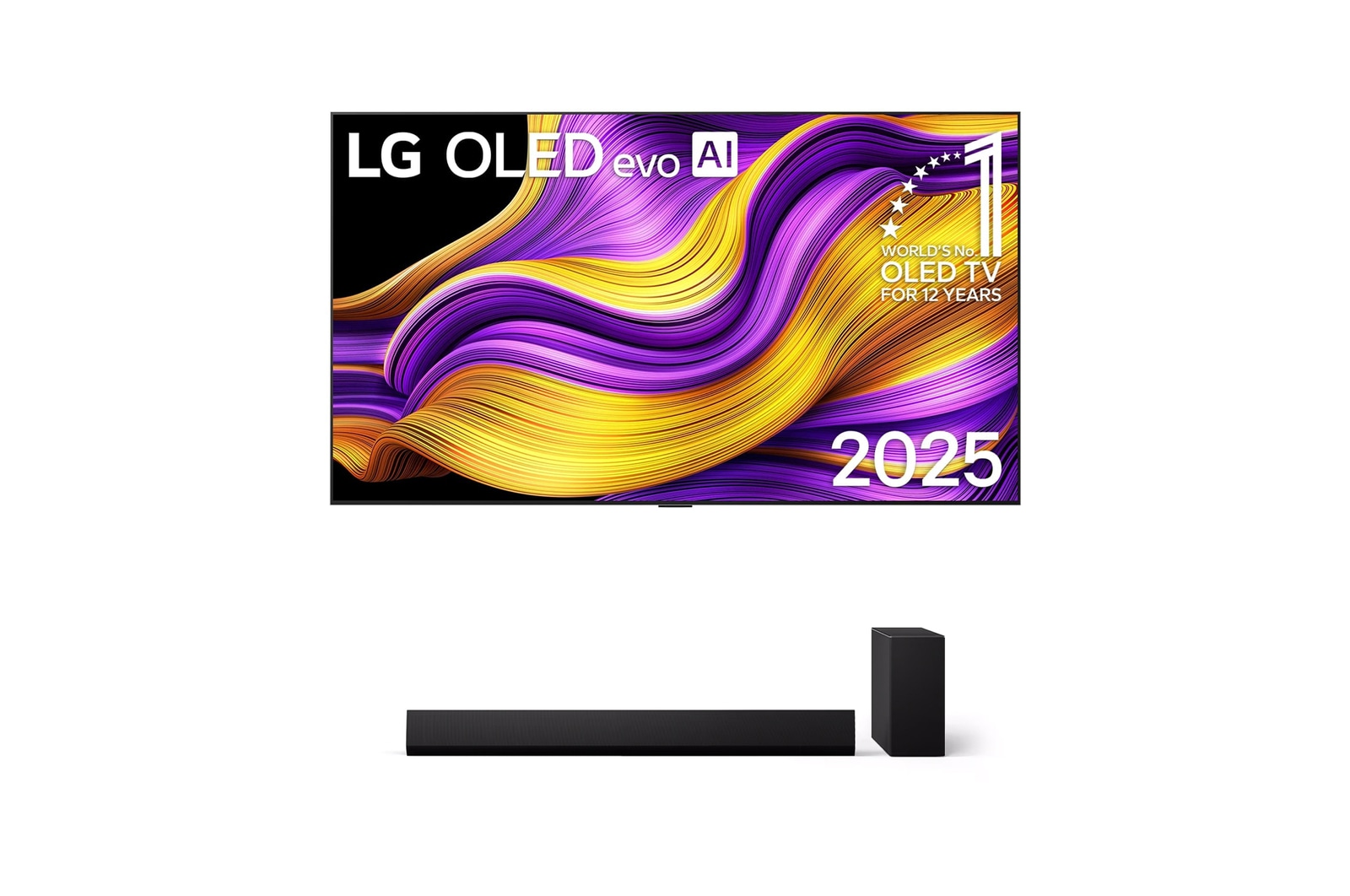 Vooraanzicht van LG OLED evo AI G5 4K Smart TV. 12 jaar nummer 1 OLED-embleem ter wereld en het LG OLED evo AI 2025-logo staan ​​op het scherm.
