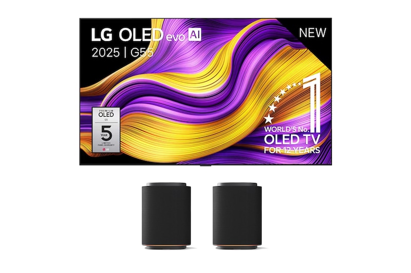 Vooraanzicht van 77 inch LG OLED evo AI G5 4K Smart TV 2025 & LG Stereo Suite M5 OLED77G55LW.M5M5001