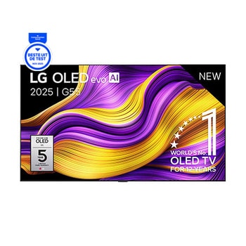 Vooraanzicht van LG OLED evo AI G5 4K Smart TV. 12 jaar nummer 1 OLED-embleem ter wereld en het LG OLED evo AI 2025-logo staan op het scherm.