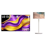Vooraanzicht van LG OLED evo AI G5 4K Smart TV. 12 jaar nummer 1 OLED-embleem ter wereld en het LG OLED evo AI 2025-logo staan ​​op het scherm.