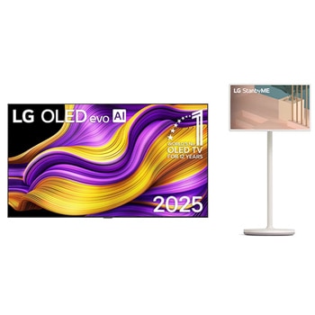 Vooraanzicht van LG OLED evo AI G5 4K Smart TV. 12 jaar nummer 1 OLED-embleem ter wereld en het LG OLED evo AI 2025-logo staan ​​op het scherm.