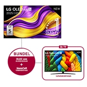Vooraanzicht van LG OLED evo AI G5 4K Smart TV. 12 jaar nummer 1 OLED-embleem ter wereld en het LG OLED evo AI 2025-logo staan ​​op het scherm.