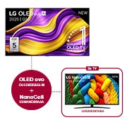 Vooraanzicht van LG OLED evo AI G5 4K Smart TV. 12 jaar nummer 1 OLED-embleem ter wereld en het LG OLED evo AI 2025-logo staan ​​op het scherm.