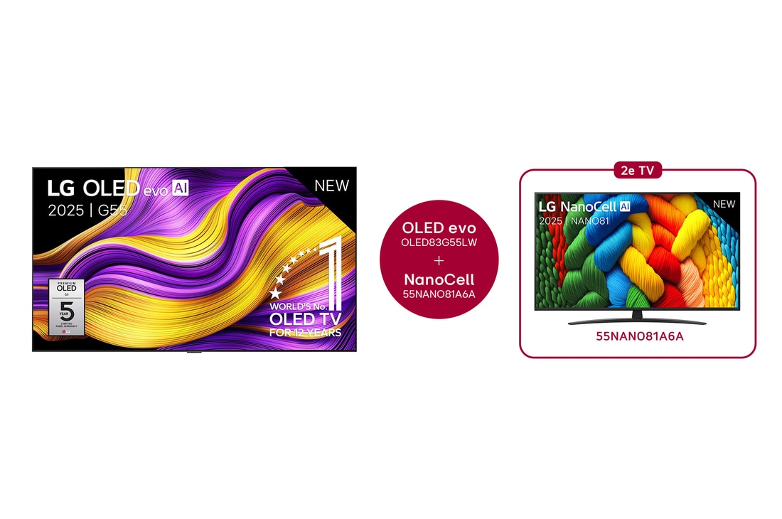 LG 83 inch LG OLED evo AI G5 4K Smart TV + 55 inch LG NanoCell AI NANO81 4K Smart TV, OLED83G55LW.55NANO