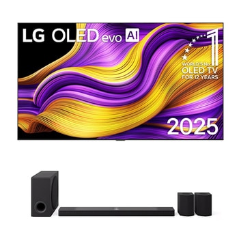 Vooraanzicht van LG OLED evo AI G5 4K Smart TV. 12 jaar nummer 1 OLED-embleem ter wereld en het LG OLED evo AI 2025-logo staan ​​op het scherm.