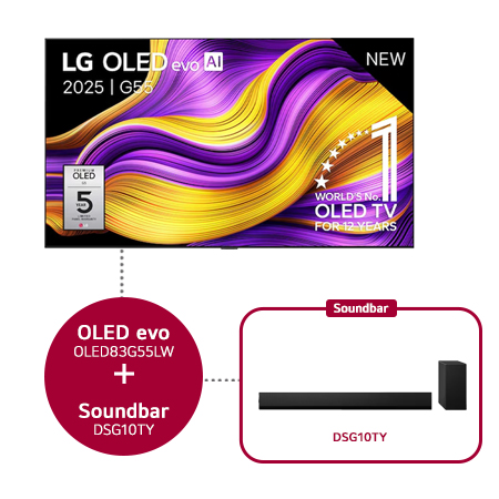 Vooraanzicht van LG OLED evo AI G5 4K Smart TV. 12 jaar nummer 1 OLED-embleem ter wereld en het LG OLED evo AI 2025-logo staan ​​op het scherm.