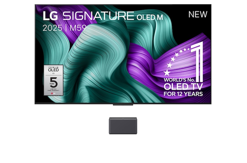 Vooraanzicht van de LG OLED M5 TV. Embleem met 12 Years of world number 1 OLED en ‘LG OLED evo AI 2025’-logo staan op het scherm. Zero Connect Box in de hoek met de titel Zero Connect Box met 4K 144 Hz draadloze video- en audio-overdracht