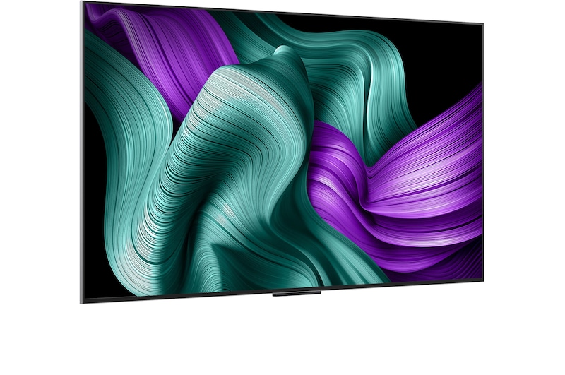 Vooraanzicht en zijaanzicht van een LG OLED M5 TV die de lengte-, breedte-, hoogte- en diepteafmetingen weergeven.