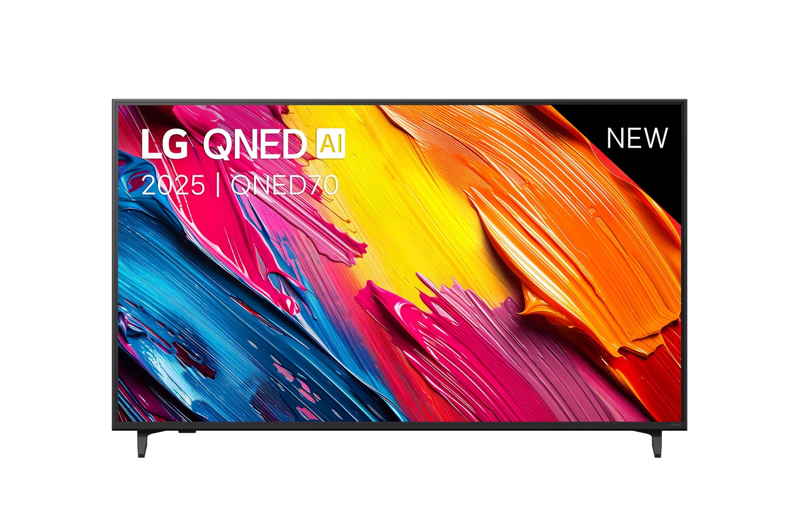 Vooraanzicht van LG QNED70 TV, LG QNED AI-logo in de bovenhoek. LG QNED TV brengt kleurrijke, schilderachtige texturen bij elkaar.