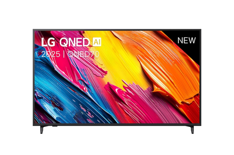 Vooraanzicht van LG QNED70 TV, LG QNED AI-logo in de bovenhoek. LG QNED TV brengt kleurrijke, schilderachtige texturen bij elkaar.