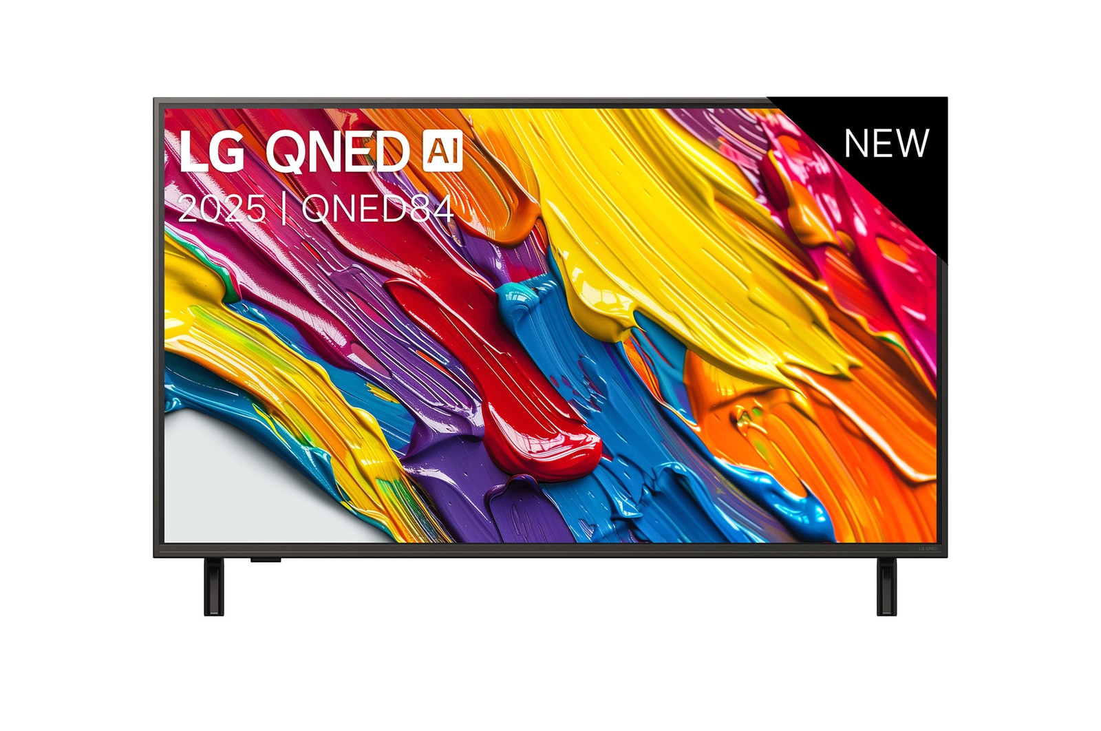 Vooraanzicht van LG QNED84 TV, LG QNED AI-logo in de bovenhoek. LG QNED TV brengt kleurrijke, schilderachtige texturen bij elkaar.