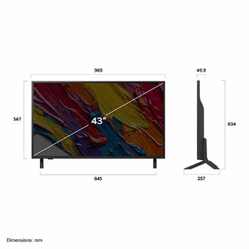 Vooraanzicht en zijaanzicht van de LG QNED84 AI 4K Smart TV die de lengte-, breedte-, hoogte- en diepteafmetingen weergeven.