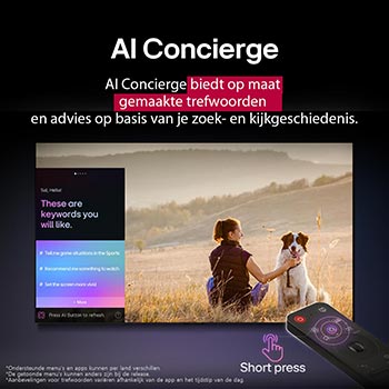 LG AI Magic Remote voor een LG TV-scherm. Op het scherm staat een persoonlijke begroeting van de LG AI met aangepaste trefwoorden op basis van de zoek- en kijkgeschiedenis van de gebruiker. Bij de afstandsbediening staat een pictogram en een label die aangeven dat de AI Concierge-functie eenvoudig toegankelijk is door kort op de AI-knop te drukken. 