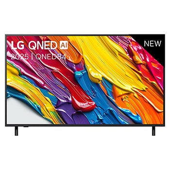Vooraanzicht van LG QNED84 TV, LG QNED AI-logo in de bovenhoek. LG QNED TV brengt kleurrijke, schilderachtige texturen bij elkaar.