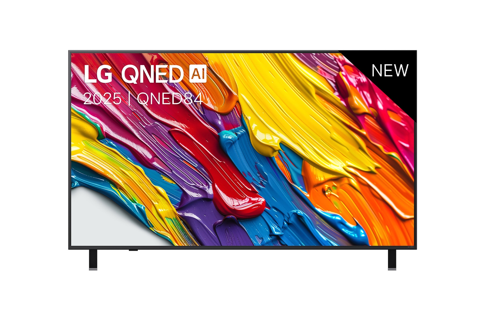 Vooraanzicht van LG QNED84 TV, LG QNED AI-logo in de bovenhoek. LG QNED TV brengt kleurrijke, schilderachtige texturen bij elkaar.