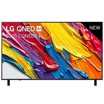Vooraanzicht van LG QNED84 TV, LG QNED AI-logo in de bovenhoek. LG QNED TV brengt kleurrijke, schilderachtige texturen bij elkaar.