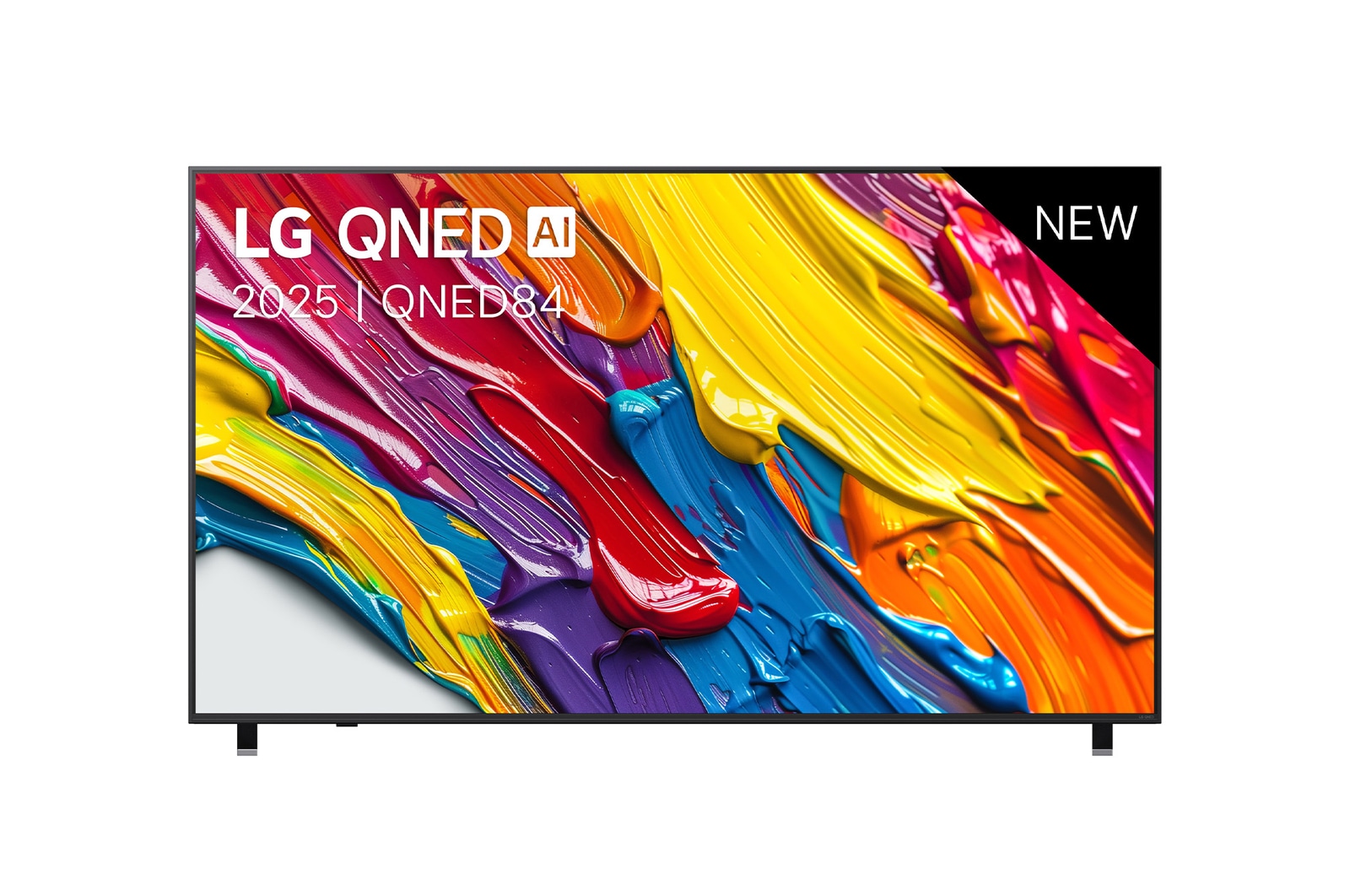 Vooraanzicht van LG QNED84 TV, LG QNED AI-logo in de bovenhoek. LG QNED TV brengt kleurrijke, schilderachtige texturen bij elkaar.