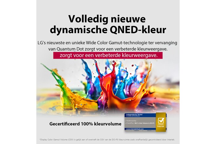 Verf spat in verschillende kleuren op van de vloer. Intertrek-certificering voor 100% kleurvolume volgens DCI-P3. De titel bespreekt de nieuwe en unieke brede kleurengammatechnologie die je levendige kleuren op je scherm laat zien.