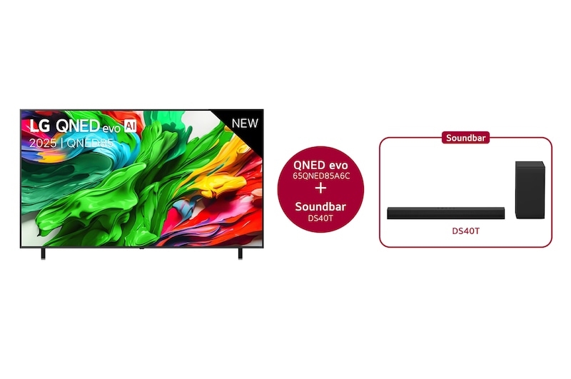 Vooraanzicht van 65 inch LG QNED evo AI QNED85 MiniLED 4K Smart TV 2025 & DS40T 2.1 kanaal  65QNED85A6C.DS40T