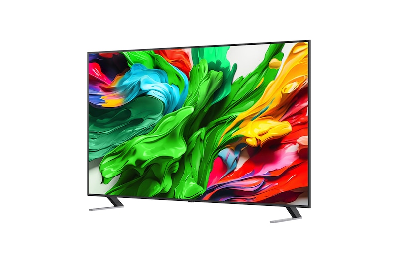 Vooraanzicht en zijaanzicht van LG QNED evo AI QNED85 4K Smart TV die de lengte-, breedte-, hoogte- en diepteafmetingen weergeven.