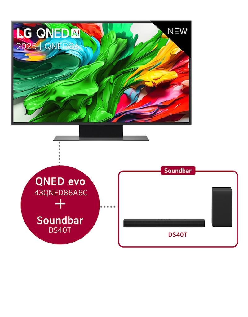 Vooraanzicht van 43 inch LG QNED evo AI QNED86 4k Smart TV & DS40T 2.1 kanaal 43QNED86A6C.DS40T