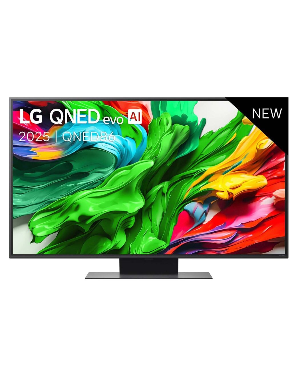Vooraanzicht van LG QNED evo TV, LG QNED evo AI-logo in de bovenhoek. LG QNED evo TV brengt kleurrijke, schilderachtige texturen bij elkaar.