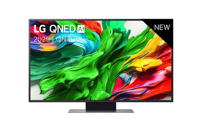 Vooraanzicht van LG QNED evo TV, LG QNED evo AI-logo in de bovenhoek. LG QNED evo TV brengt kleurrijke, schilderachtige texturen bij elkaar.