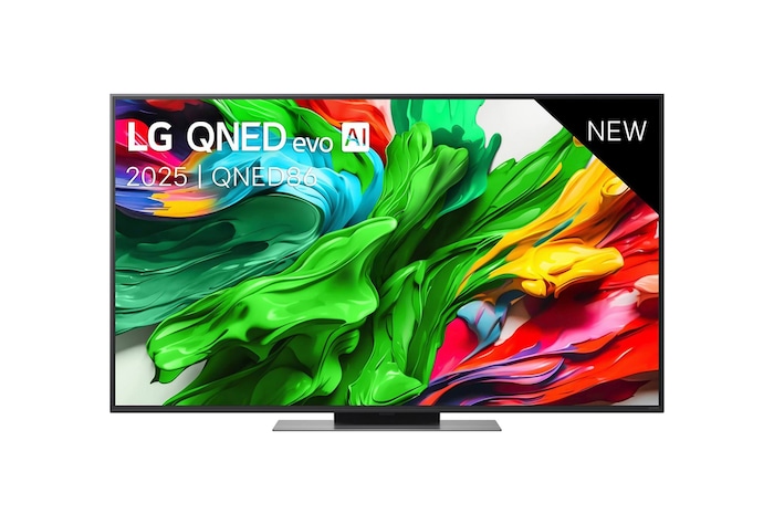 Vooraanzicht van LG QNED evo TV, LG QNED evo AI-logo in de bovenhoek. LG QNED evo TV brengt kleurrijke, schilderachtige texturen bij elkaar.