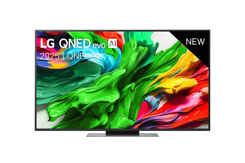 Vooraanzicht van LG QNED evo TV, LG QNED evo AI-logo in de bovenhoek. LG QNED evo TV brengt kleurrijke, schilderachtige texturen bij elkaar.