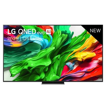 Front view of LG QNED evo TV, LG QNED evo Al Logo on the top corner. LG QNED evo TV depicts colorful paintike textures coming together.