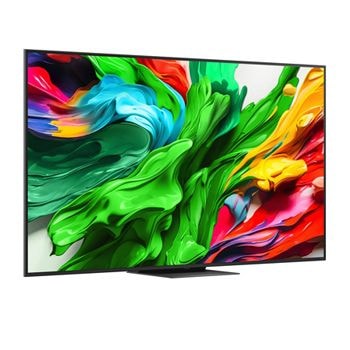 Naar rechts gericht zijaanzicht in een lichte hoek van de LG QNED evo TV