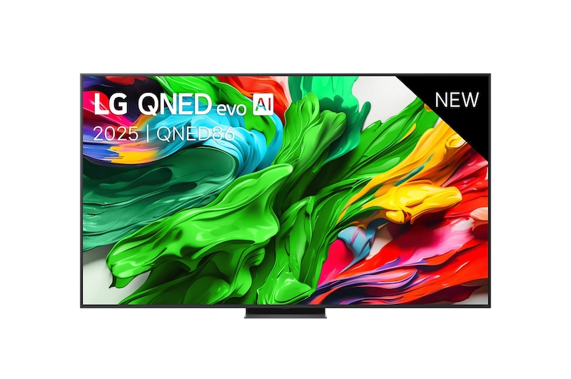 Vooraanzicht van LG QNED evo TV, LG QNED evo AI-logo in de bovenhoek. LG QNED evo TV brengt kleurrijke, schilderachtige texturen bij elkaar.