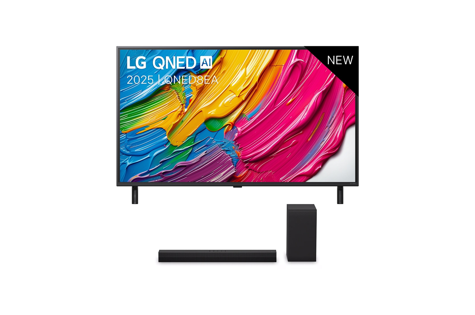 Vooraanzicht van 43 inch LG QNED8E AI 4K Smart TV 2025 &amp; DS40T 2.1 kanaal 43QNED8EA6B.DS40T