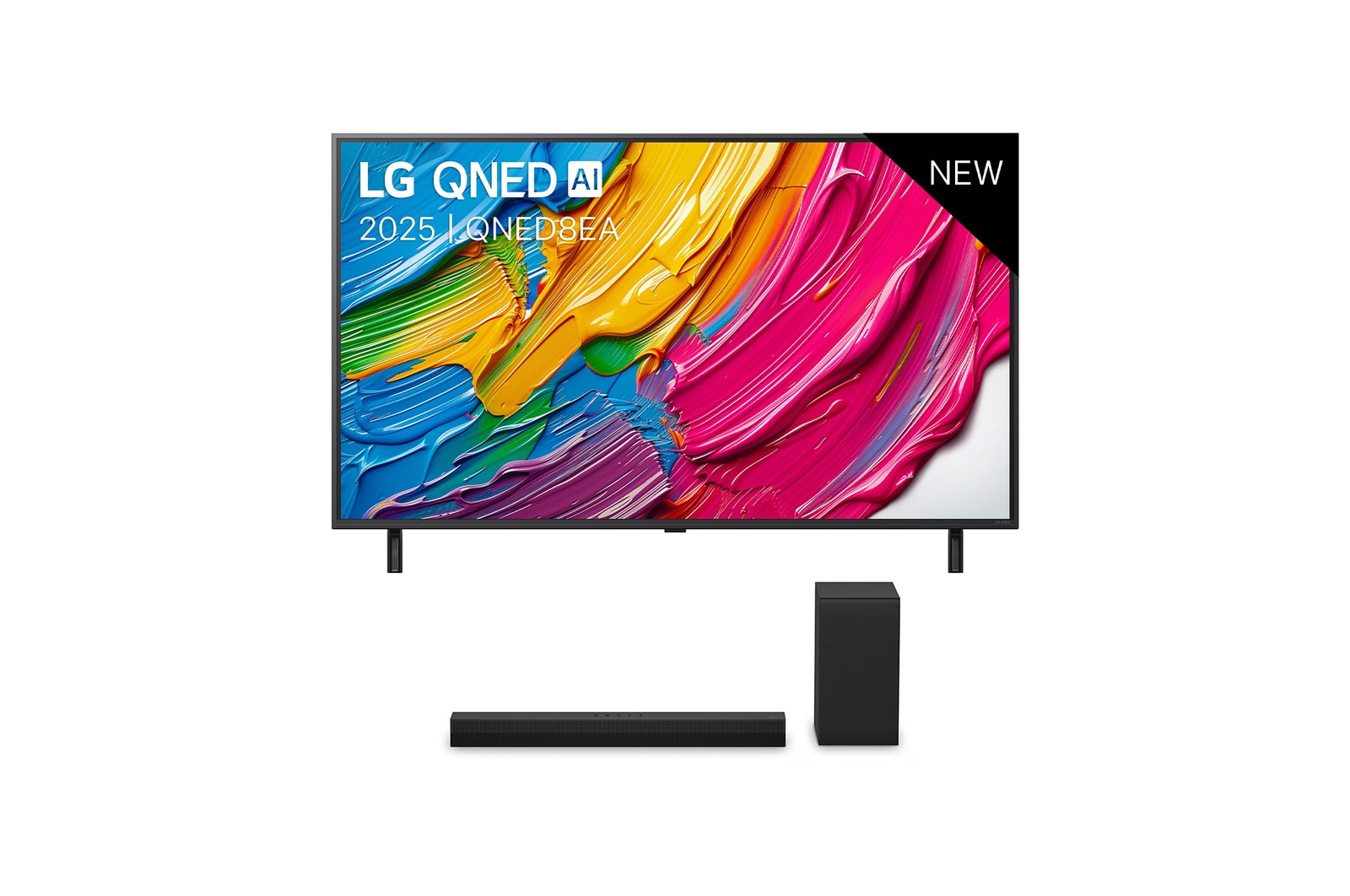 Vooraanzicht van 50 inch LG QNED8E AI 4K Smart TV 2025 &amp; DS40T 2.1 kanaal  50QNED8EA6B.DS40T