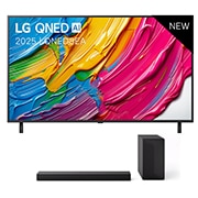 Vooraanzicht van 55 inch LG QNED8E AI 4K Smart TV 2025 &amp; DS60T 3.1-kanaal 55QNED8EA6B.DS60T