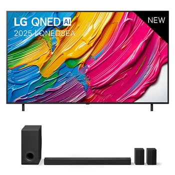 Vooraanzicht van LG QNED80 TV, LG QNED Al Logo op de bovenste hoek. LG QNED TV toont kleurrijke paintachtige texturen die samenkomen.