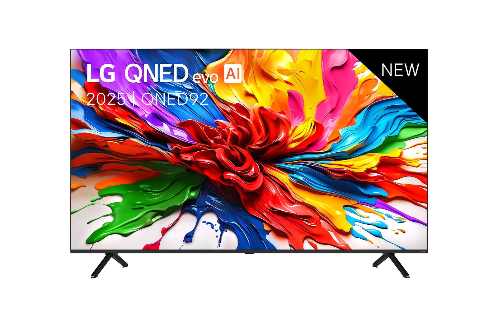 Vooraanzicht van LG QNED evo QNED92 TV, LG QNED evo Al Logo in de bovenhoek. LG QNED evo TV brengt kleurrijke, schilderachtige texturen bij elkaar.