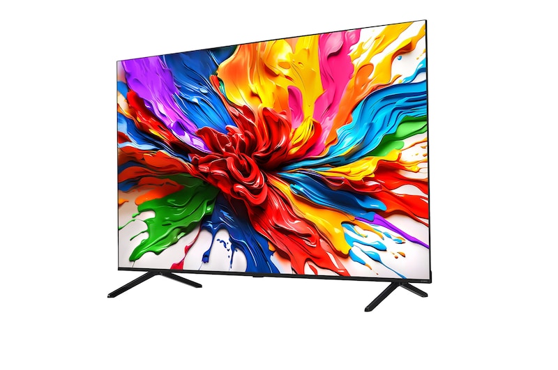 Vooraanzicht en zijaanzicht van LG QNED evo AI QNED92 4K Smart TV die de lengte-, breedte-, hoogte- en diepteafmetingen weergeven.