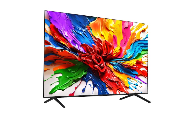 Verf spat in verschillende kleuren op van de vloer. Intertrek-certificering met onafhankelijke tests onder de afbeelding. De titel bespreekt de nieuwe en unieke brede kleurengammatechnologie van LG die je levendige kleuren op je scherm laat zien.