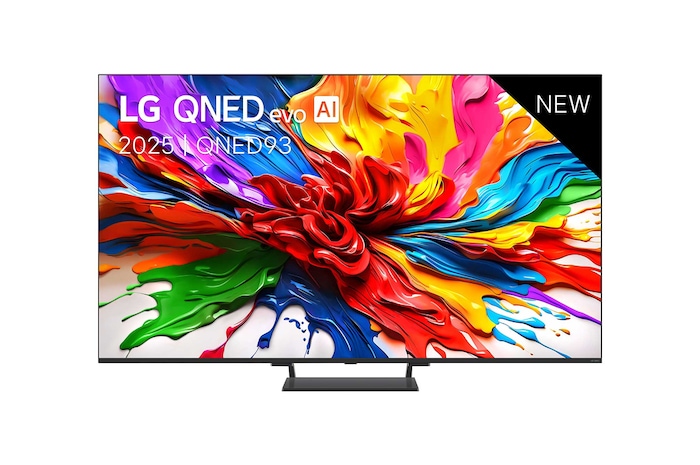 Vooraanzicht van LG QNED evo QNED92 TV, LG QNED evo Al Logo in de bovenhoek. LG QNED evo TV brengt kleurrijke, schilderachtige texturen bij elkaar.