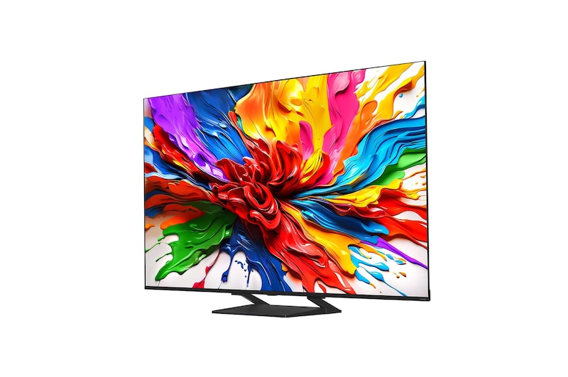 Vooraanzicht en zijaanzicht van LG QNED evo AI QNED92 4K Smart TV die de lengte-, breedte-, hoogte- en diepteafmetingen weergeven.